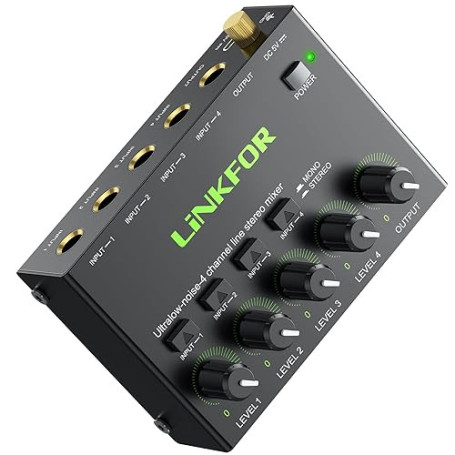 LiNKFOR Mini Mélangeur Audio Stéréo 4 Canaux Mélangeur de Ligne Ultra-Faible Bruit Switch Stereo/Mono, Contrôle du Volume Indépe