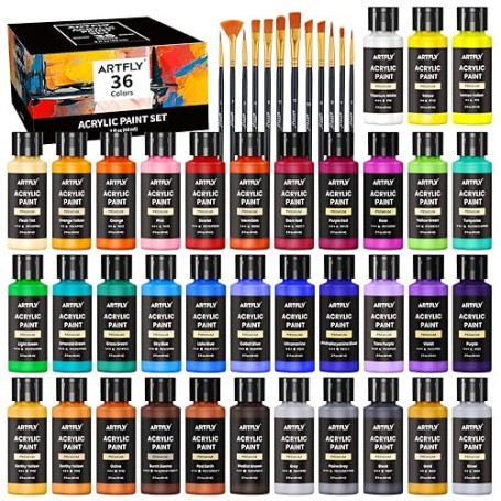 ARTFLY Peinture Acrylique Kit, 36 Couleurs × 60ml, avec 12 Pinceaux, Non Toxique, Riche Pigmentée, Peintures pour Débutant et Ar