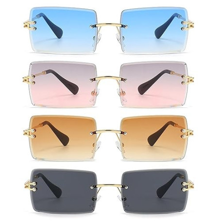 HTTDSLF 4 Pièces Lunettes de Soleil Rectangulaires pour Hommes et Femmes, LLunettes de Soleil Vintage, Sans Monture Lunettes de