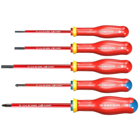 FACOM ATD.J5VE Jeu de 5 TOURNEVIS PROTWIST® isolés 1000 Volts pour vis à fente & pour vis cruciformes POZIDRIV®