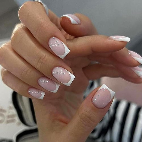 Ceboic Lot de 24 Court Carrés Faux Ongles, Nude Rose Ongles à Coller, French Blanc Press on Nails, Acrylique Couverture Complète