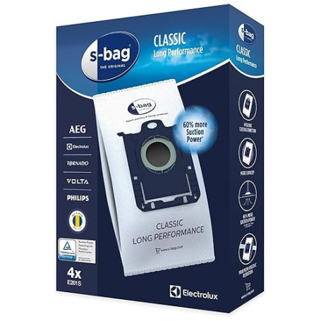 Electrolux E201S Sacs Aspirateur S-Bag Long Performance, Boite de 4 Sacs, 3,5 litres, Powerflow, Système de Fermeture Automatiqu