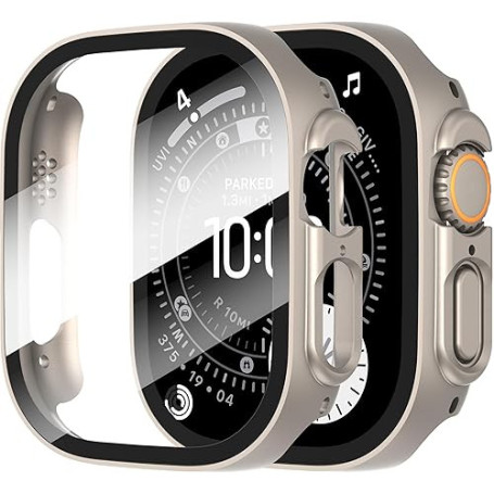 Diruite 2 Pièces Coque pour Apple Watch Ultra 3/2/1 49mm Protection Écran Dur PC Matériel Ultra Mince Verre Trempé Écran Case,Ti