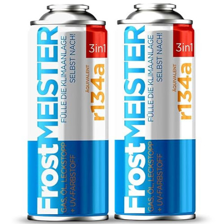 FrostMEISTER Kit de recharge 3 en 1 pour climatiseur de voiture, 2 x 400 ml, système de réfrigérant/huile/scellant rapide et fac