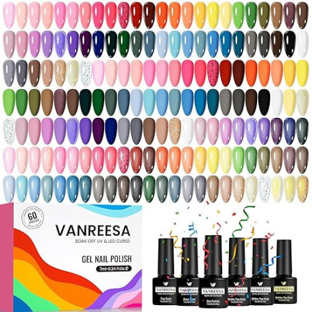 VANREESA 60Pcs Vernis Semi Permanent, 55 Couleurs Vernis Gel UV Semi Permanent avec Base Top Coat Mat Pailleté, Rouge Rose Bleu