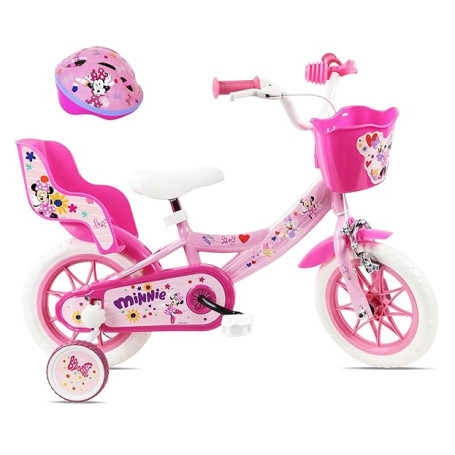 Disney Vélo Enfant 12' Minnie de livré avec Casque Minnie et équipé de 1 Frein, Panier Avant, Porte poupée arrière, Garde boues,
