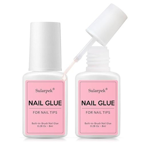 Sularpek 2Pcs Colle Faux Ongles, 8ml Colle à Ongles Extra Forte avec Brosse, Séchage Rapide Professionnel Colles pour Ongles Acr