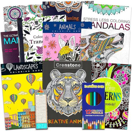 Crenstone Lot de 10 livres de coloriage pour adultes – 10 livres de coloriage avancés pour homme et femme, avec mandalas et plus