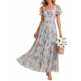 Ever-Pretty Robes de Demoiselle d'honneur Col Carrée Manches Courtes Mousseline Maxi Robe évasée ES02703