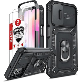 LeYi Coque pour Samsung Galaxy A25 5G Antichoc AVCE 2 Verre Trempé-Noir | Anneau Support + Protection de la Caméra PC Dur Antich
