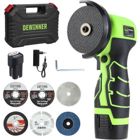 DEWINNER Meuleuse d'Angle Sans Fil 19 500 RPM - Disqueuse 76mm, 2 Batteries 2000mAh, 6 Disques de Coupe et Boîte de Transport -