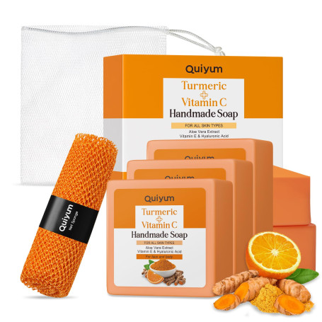 QUIYUM Savon Solide Curcuma & Vitamine C Lot de 5 | Coffret Soin | Éclat & Anti-taches | Nettoyant Anti-imperfections Peau Grass