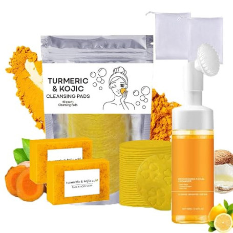Ensemble Trois Pièces pour Lavage et Soins au Curcuma, Nettoyant Facial Avec Brosse, Tampons Gommants pour le Visage, Pain de Sa