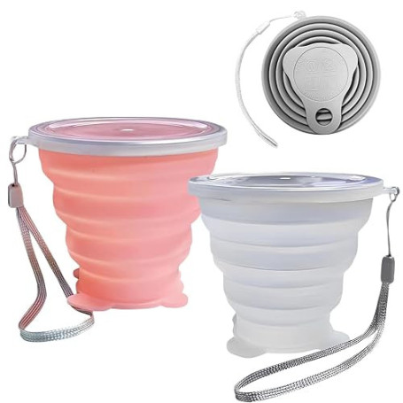 WERIGONI Lot de 2 Gobelet Pliable en silicone, Tasse Pliable Extensible Portable, Réutilisable, avec Couvercle pour Voyage