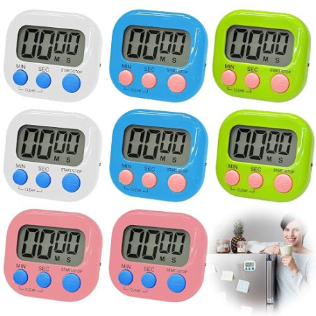 Lot de 8 chronomètres magnétiques : WIYETY Minuteur de Cuisine numérique 4 Couleurs avec Horloge et Grand écran LCD Silencieux p