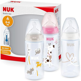 Nuk First Choice+ Lot de 3 biberons pour bébé de 0 à 6 mois, contrôle de la température, anti-coliques, 300 ml, sans BPA, tétine