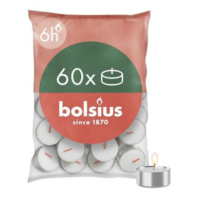 Bolsius D-Light - Lot de 60 Bougies Chauffe-Plat - Dans un Sachet - Durée de Combustion: 6 Heures - Décoratives - Blanches - Con