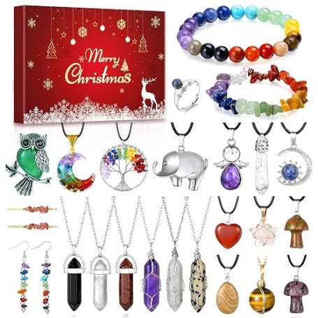 Echehi Calendrier De l'Avent 2026 Femme, Calendrier De l'Avent Bijoux En Pierres Précieuses, Avec Collier Bracelet Bague Pour Fe