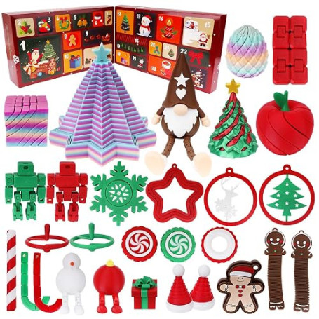 Calendrier de l'Avent 3D Fidget, 24 Jouets Articulés et Posaables, Coffret Cadeau Surprise Compte à Rebours de Noël, Figurines A