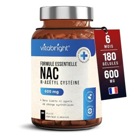 NAC N-Acétyl-Cystéine 600 mg par Dose | 180 Gélules | 6 Mois d'Approvisionnement | Gélules Faciles à Avaler ou à Ouvrir | Complé