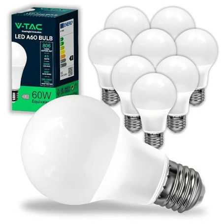 V-TAC 10x Ampoules LED culot E27 8,5W (équivalent 60W) A60-806 Lumen - 6500K Blanc Froid