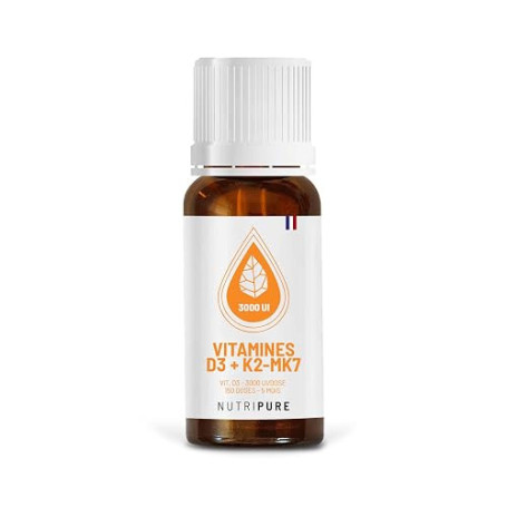 Nutripure - Vitamine D3 K2-MK7 3000 UI - Format Gouttes - 5 Mois | Système Immunitaire, Os & Muscles - Haute Concentration & Abs