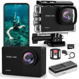 TIMNUT 4K60FPS Caméra Sport- Caméra Étanche avec Carte SD 64G 48MP HD WiFi Camera with EIS, Caméras Embarquées with 2 * 1350 mAh