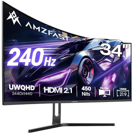 Amzfast Écran PC Gamer 34 Pouces 240Hz/UWQHD Moniteur Incurvé 3440x1440 (21:9), 450 nits, Eyes Care, sRGB 130%, Adaptive Sync, H