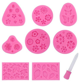 Lot de 8 moules à fleurs en silicone 3D avec 1 goutte à goutte rose pour gelée, fondant, chocolat, crème glacée, bougies, colle