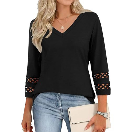 Cuptacc Tee Shirt Femme Manches 3/4 Col V Chemisier Décontracté Haut | Automne,Été,Printemps,Élégante,Manches 3/4,Basic,Casual,M