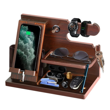 Cadeau Original homme Support Bois Téléphone Bureau et Montre Organisateur de Table pour Fête des Pères