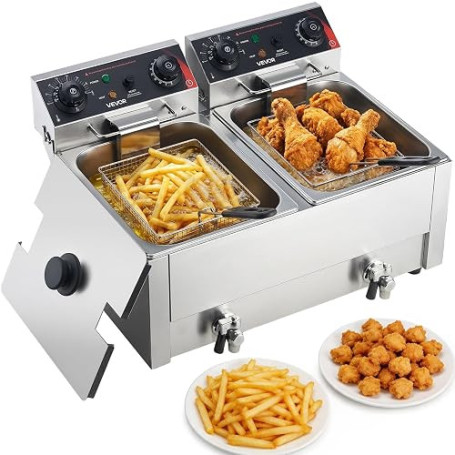 VEVOR Friteuse Électrique Professionnelle, Friteuse à Huile 5000 W Double Cuve de 7 L, pour Frites Restaurant, en Inox avec Pani