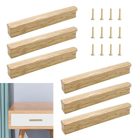 6 Pièces Poignée Meuble Bois 128mm, Poignée Tiroir Bois, Poignet Armoire Boisé, Poignée d’Armoire de Cuisine, Poignées Chêne Cla