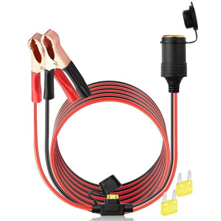 HATMINI Cordon d’extension de 3 m avec pinces crocodile pour batterie de voiture, prise allume-cigare femelle 12 V/24 V, 14 AWG,