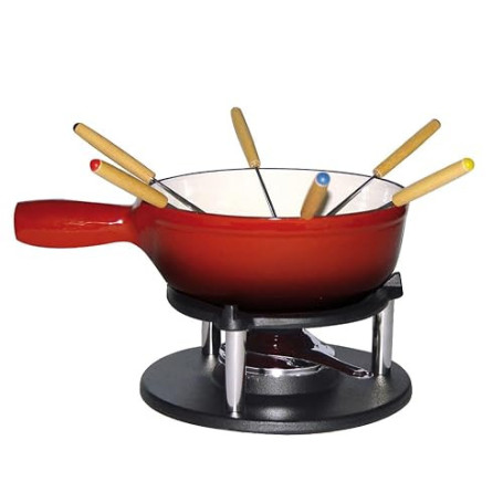 Baumalu, Service à Fondue Savoyarde en Fonte Émaillée Rouge, 20 cm, pour 6 personnes, comprenant 1 réchaud, 1 brûleur, 1 caquelo