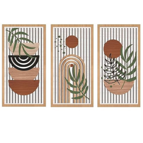 Yixuan 3 Pièces Sculptures Murales Décoratives en Bois Léger, Décor Boho Chic avec Motifs Feuille et Formes Géométriques, Art Mu