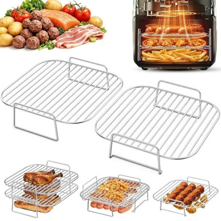 PETHREE Grille Air Fryer Stackable, 2Pcs Inox 304, Accessoires Airfryer Carrés pour Philips 6,2/7,2L, Ninja 6.2L AF180EU, Cosori