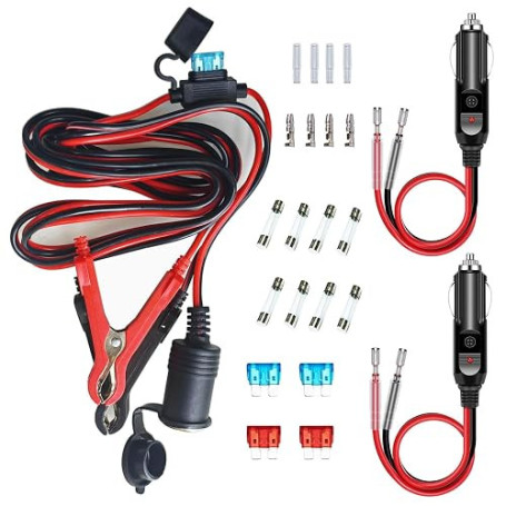GTIWUNG 3.1M 16AWG Câble d'extension Allume-cigare Femelle avec Pince Crocodile, Adaptateur Allume-Cigare avec Fusible 10A + 2 S