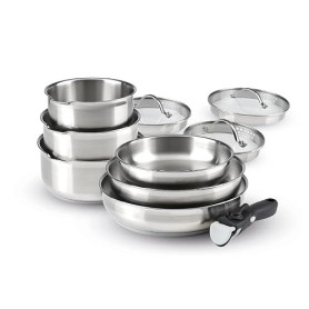 Qdesign - Batterie de Cuisine à Induction 10 Pièces - Set de 3 Casseroles, 3 Poêles et 3 Couvercles Passoires avec Poignée Amovi
