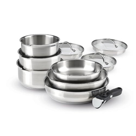 Qdesign - Batterie de Cuisine à Induction 10 Pièces - Set de 3 Casseroles, 3 Poêles et 3 Couvercles Passoires avec Poignée Amovi