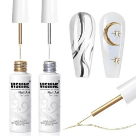 Vishine Gel Liner Nail Art Métallique Argent Or Bronze 2pcs – Effet Chrome Miroir 3D, Vernis Gel de Traçage avec Pinceau Fin pou