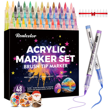 realcolor Marqueurs de peinture acrylique 48 couleurs, marqueurs de peinture à pointe brosse douce pour bois, pierre, toile, ver