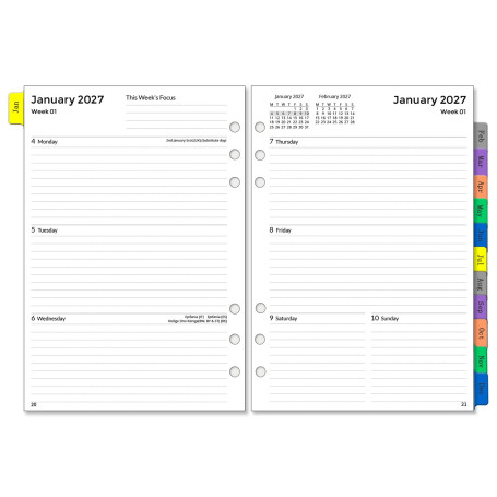 Recharge Agenda Semainier 2027 Format A5 à 6 Anneaux, Planificateur Hebdomadaire et Mensuel, 1 Semaine sur 2 Pages avec Onglets,