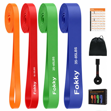 Fokky Bande Elastique Musculation avec Ancrage de Porte, 4 Niveaux | Élastique Musculation avec Poster d'exercice, Sac de Transp