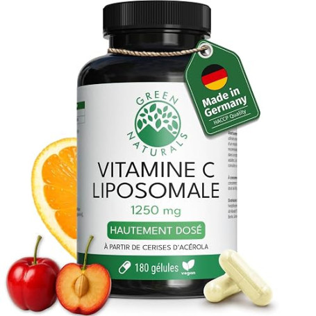 Green Naturals Vitamine C liposomale 1 250 mg – Acérola – 180 gélules | Technologie liposomale · À base d'acérola · Vegan · Cure
