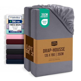 Utopia Bedding Lot de 2 Drap Housse - Gris, 135 x 200 cm | Bonnets 35 cm pour Matelas épais - Certifié Oeko-Tex - Polyester Micr