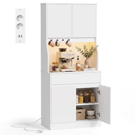 YOUDENOVA Armoire de Cuisine Buffet avec LED et Prise de Courant Blanc | Buffet avec plan de travail, tiroir, LED, prise et étag