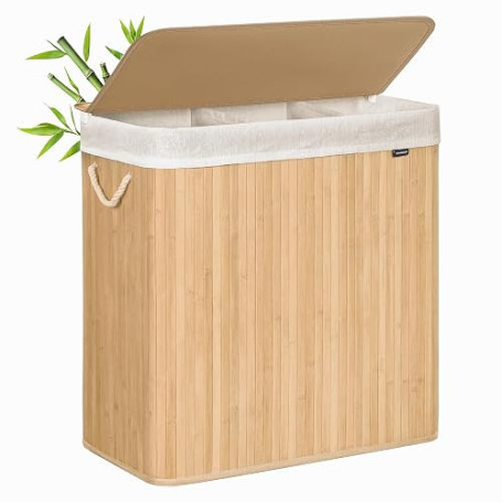SONGMICS Panier à Linge 150 L, Couvercle, Bambou | Corbeille Linge Sale, Sac Amovible Lavable en Machine, Poignées, Pliable, Bua