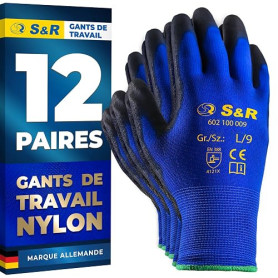 S&R Gants de Travail Homme Femme Taille 9. Gants travail fin | Lot de 12 Paires – Gants de Jardinage Homme. Gant Manutention Mec