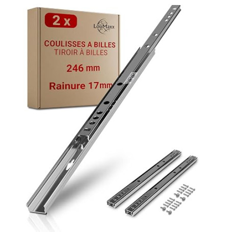 LouMaxx glissiere pour tiroir 246 mm pour rainure 17 mm – 1 paire (gauche/droite) – coulisse tiroir avec sécurité anti-sortie –